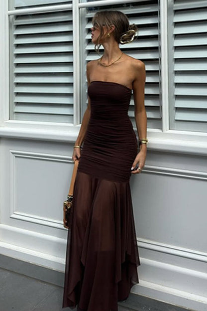 Sheer Mesh Ruched Strapless Party Dress