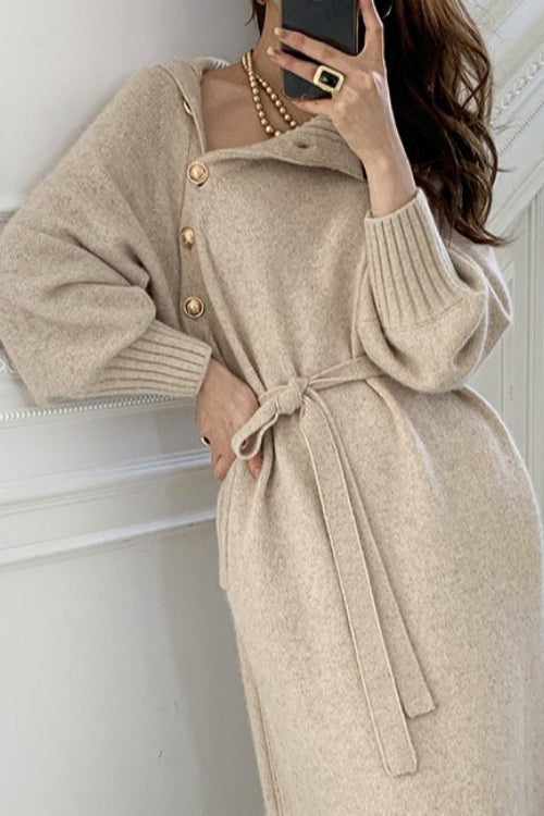 Tie Waist Knit Turtleneck Long Sweater Dress