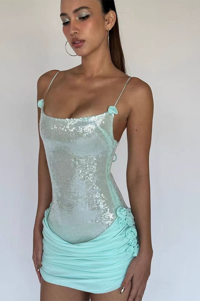 Sexy Sheer Sling Slim Floral Sequin Dress