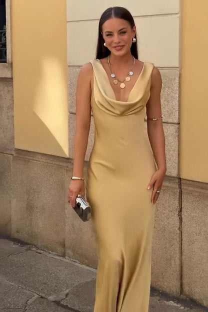 Draped Neck Backless Waist Cinch Elegant Sexy Formal Dress