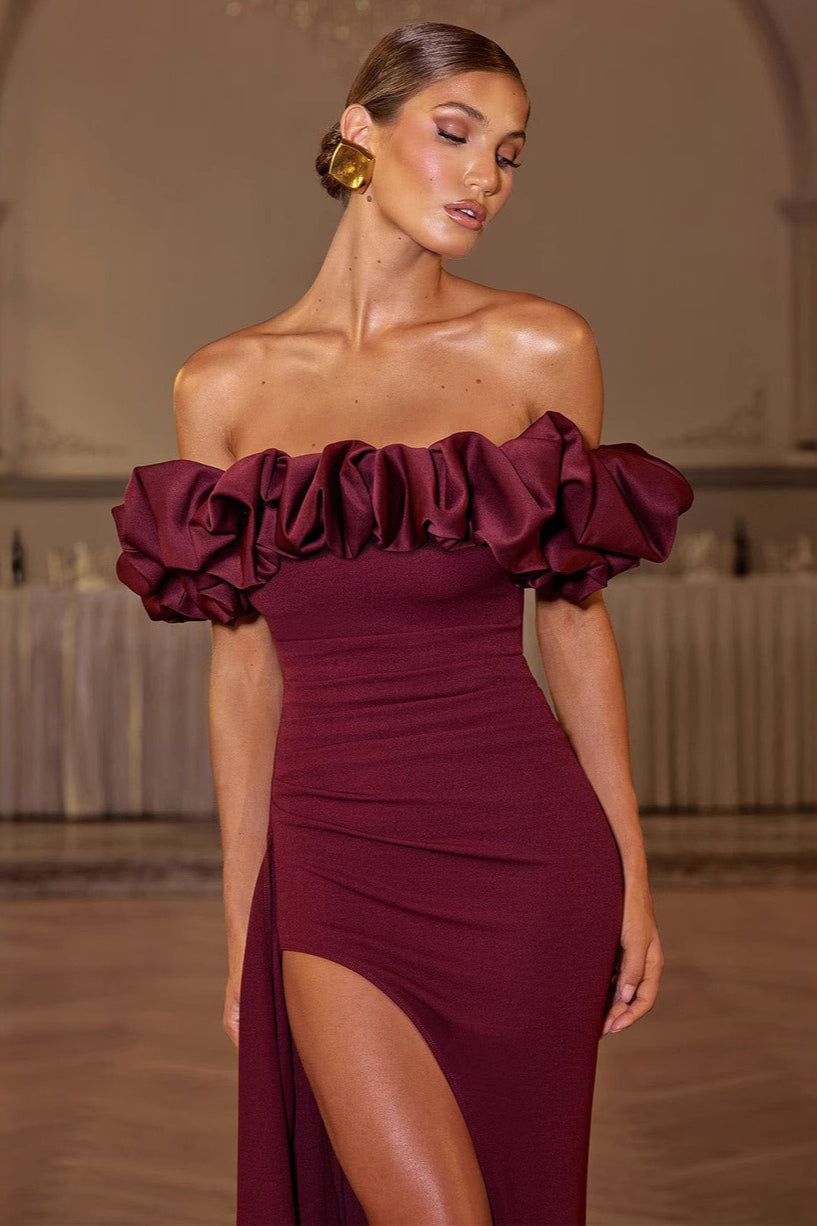 Elegant Off Shoulder Ruched Bodycon Mermaid Split Formal Dress
