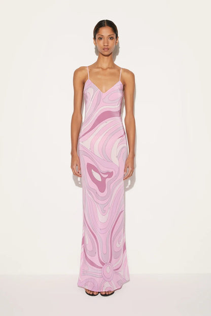 Sexy Printed Satin Cami Slit Silk Dress