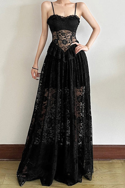 Sleeveless Ruffled Waist Maxi Lace Dress