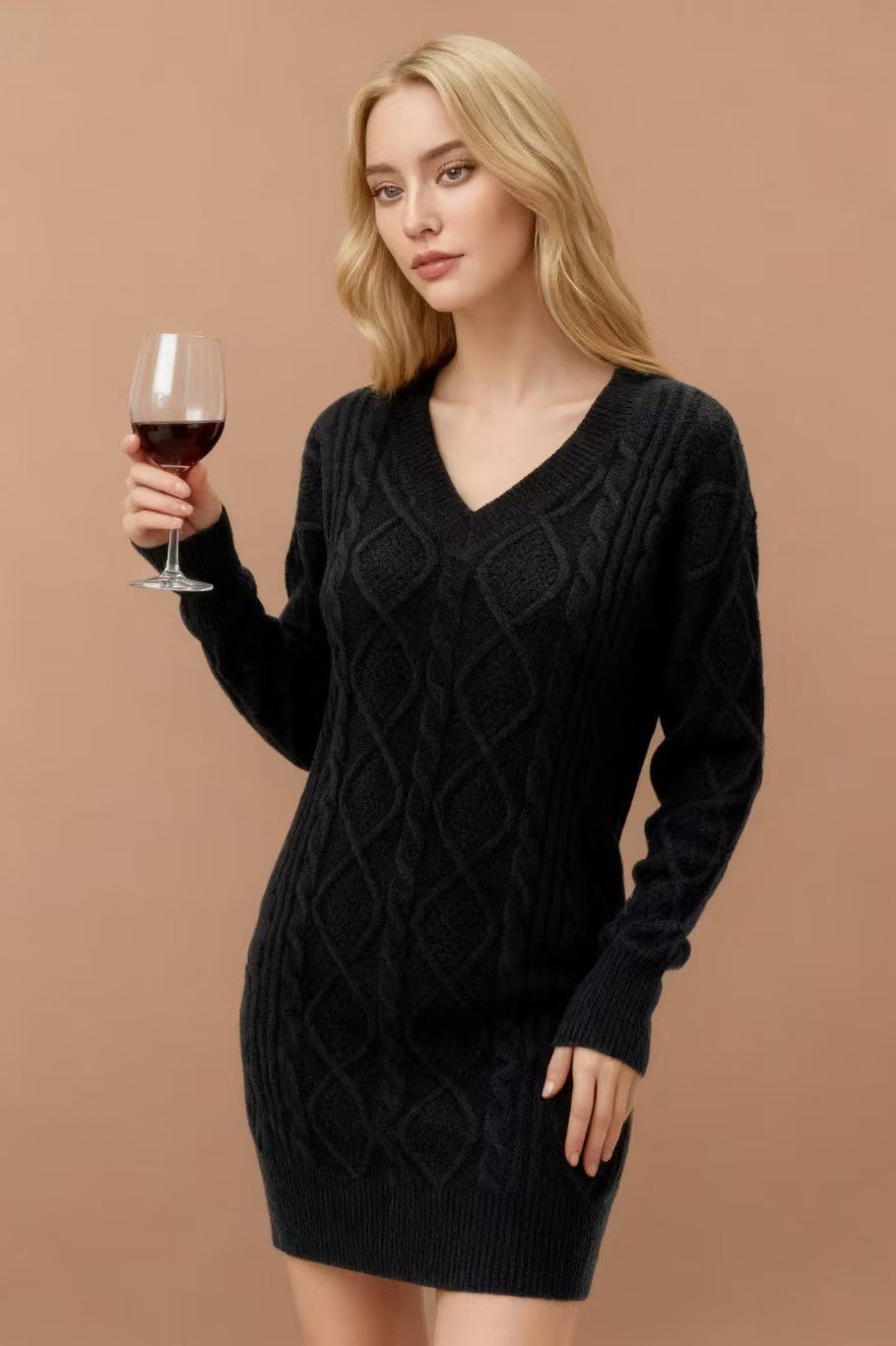 V Neck Cable Knit Work Dress
