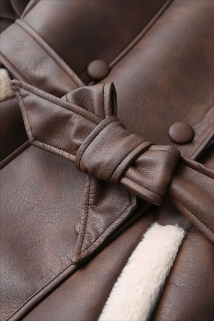 Tie Waist Padded Faux Leather Coat