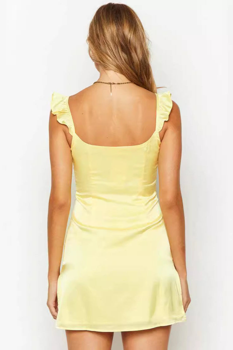 Solid Satin Ruffled Strap Sleeveless Mini Silk Dress