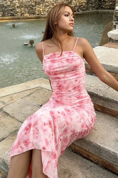 Ruched Spaghetti Strap Floral Dress