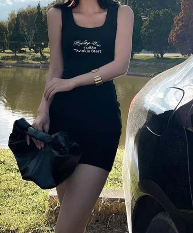 Ribbed Letter Print Bodycon Mini Dress