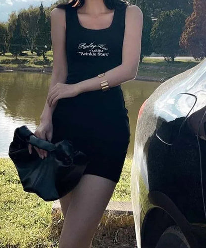 Ribbed Letter Print Bodycon Mini Dress