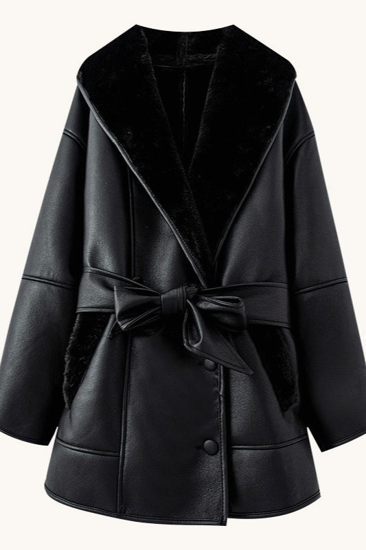 Tie Waist Padded Faux Leather Coat
