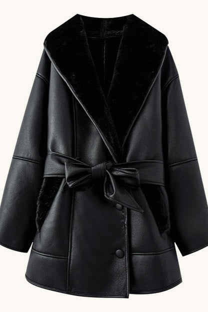 Tie Waist Padded Faux Leather Coat