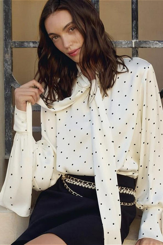 Polka Dot Tie Waist Slim Blouse