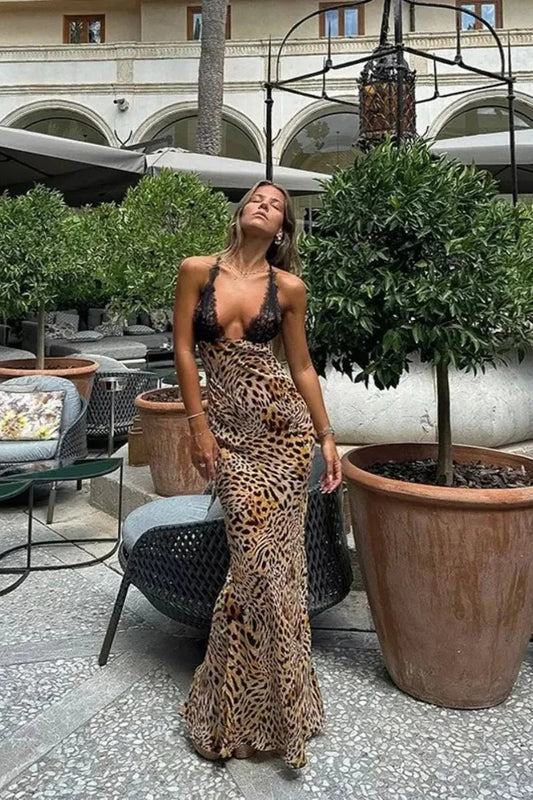 Leopard Print Lace Trimmed Maxi Dress