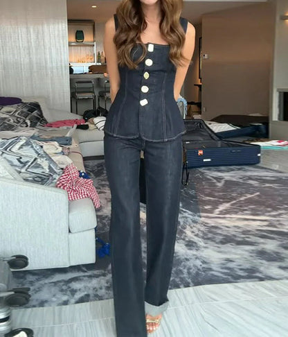 Sleeveless Slim Denim Pant Suit