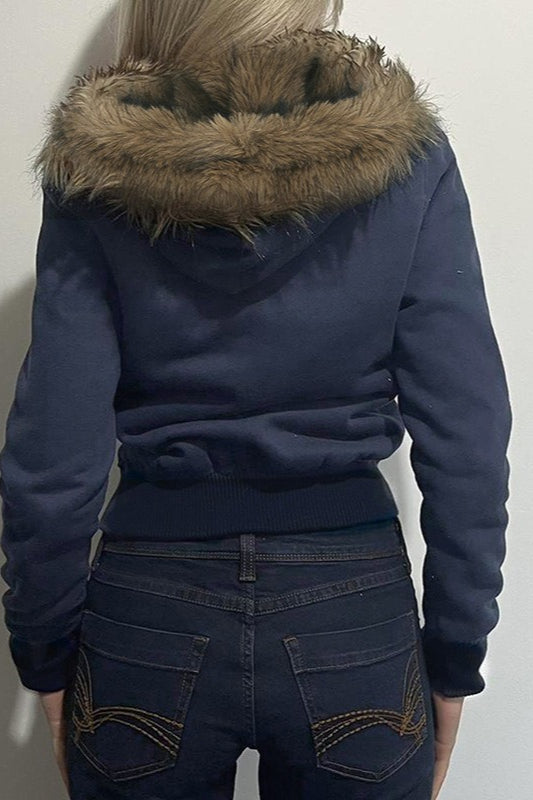 Fur Collar Letter Print Zip-Up Hoodie