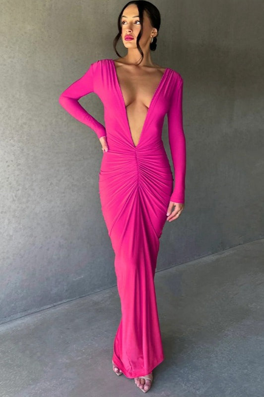 Sexy V Neck Bodycon Ruched Solid Long Sleeve Formal Dress