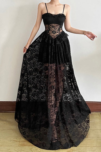 Sleeveless Ruffled Waist Maxi Lace Dress