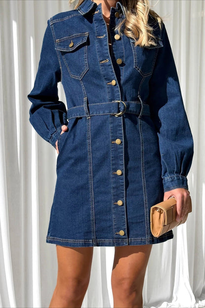 Button-Down Tie Waist Denim Dress