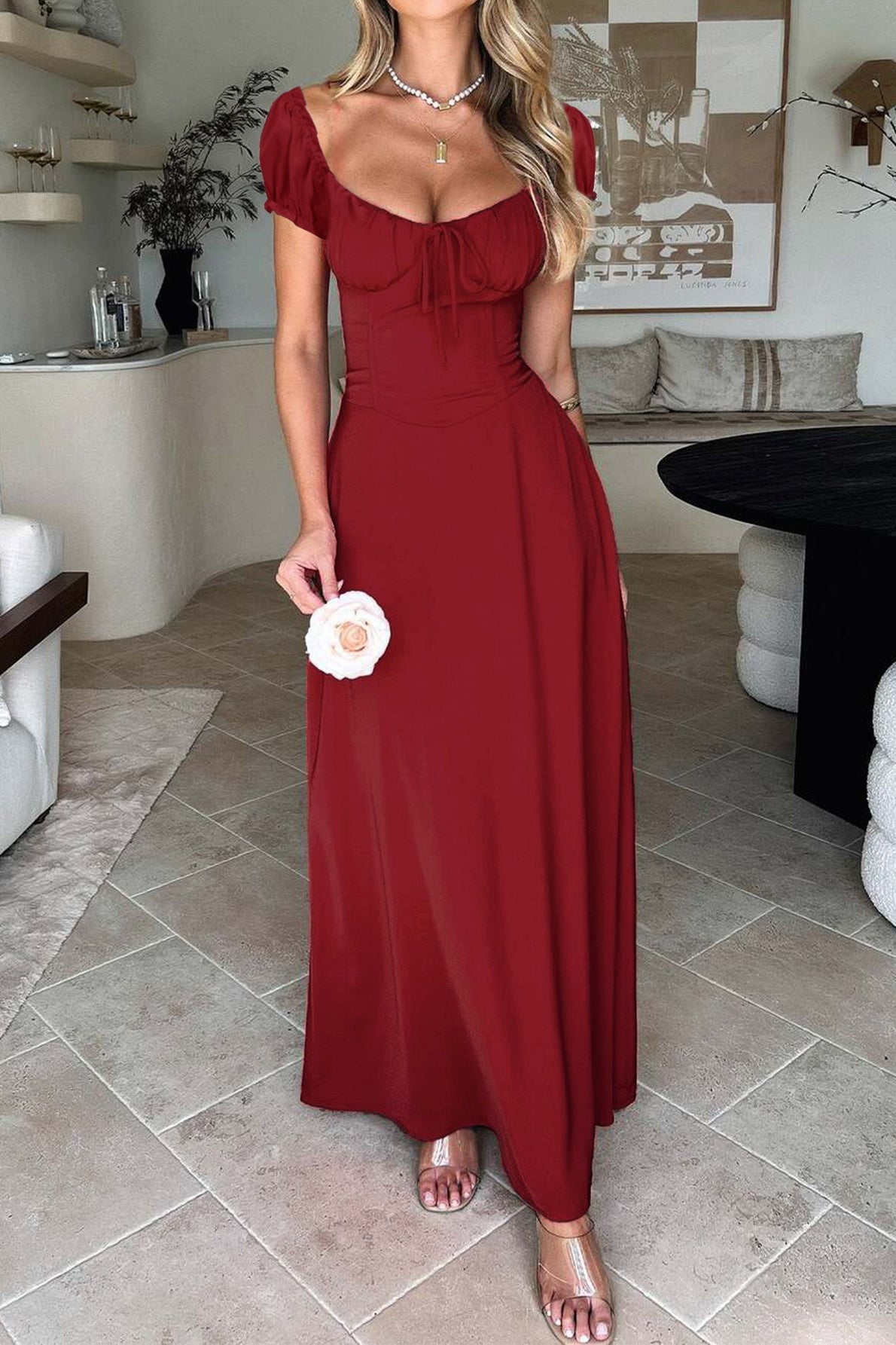 Ruched Puff Sleeve Maxi Work Dress