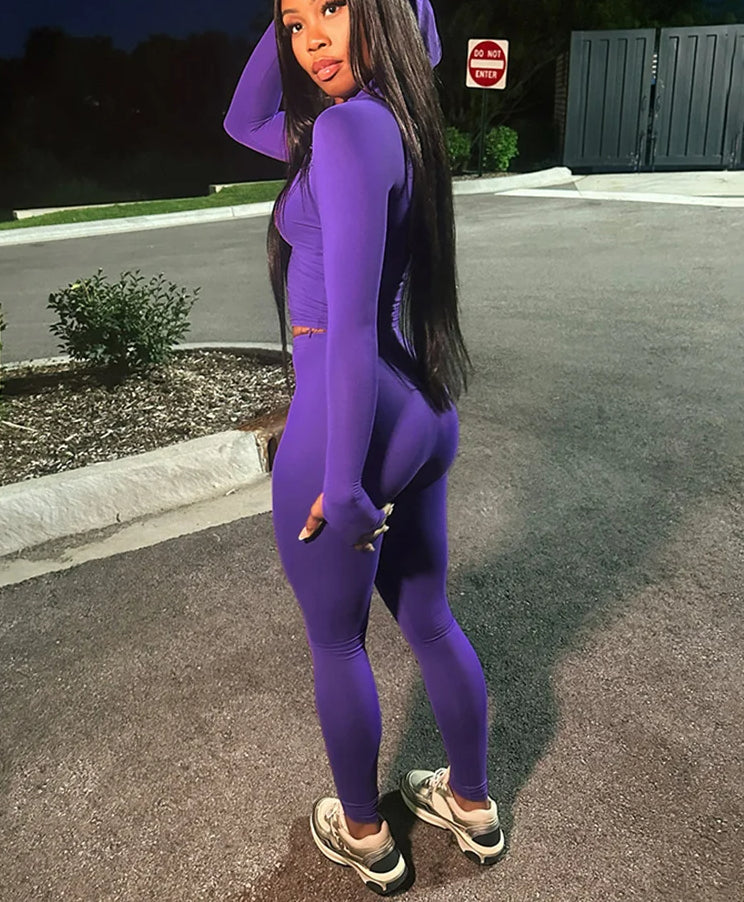 Sporty Zip Hooded Two Piece Pants Set