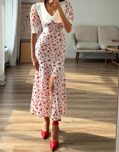 Short Sleeve Slit Lapel Floral Dress