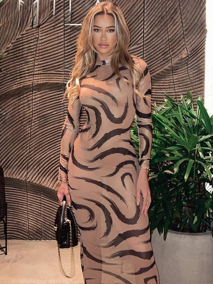 Mesh Long Sleeve See Through Midi Dress