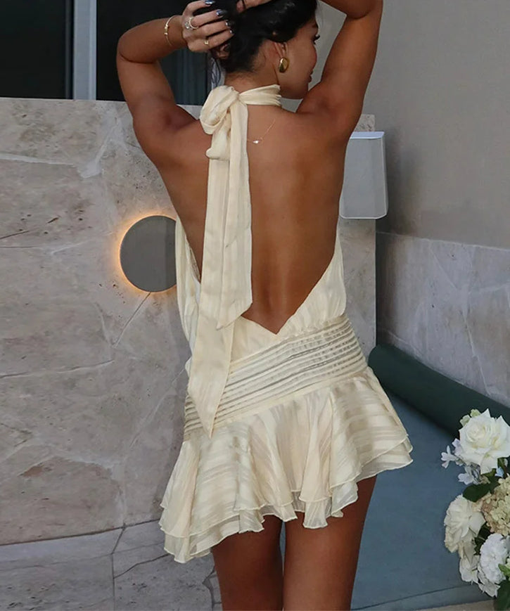 Solid Ruffle Lace-Up Backless Mini Dress