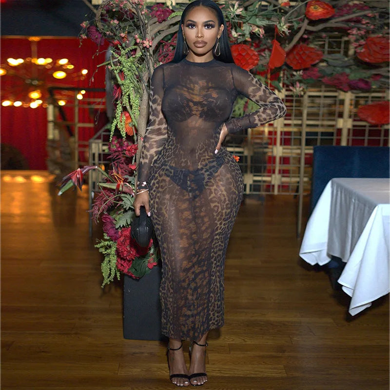 Mesh Leopard See Through Midi Dress