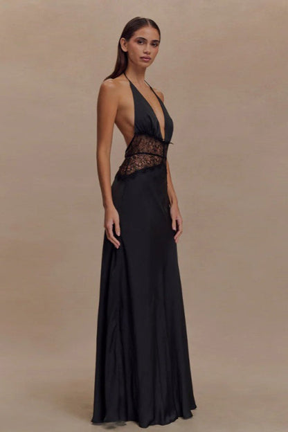 Deep V High-Waist Halter Backless Midi Silk Dress