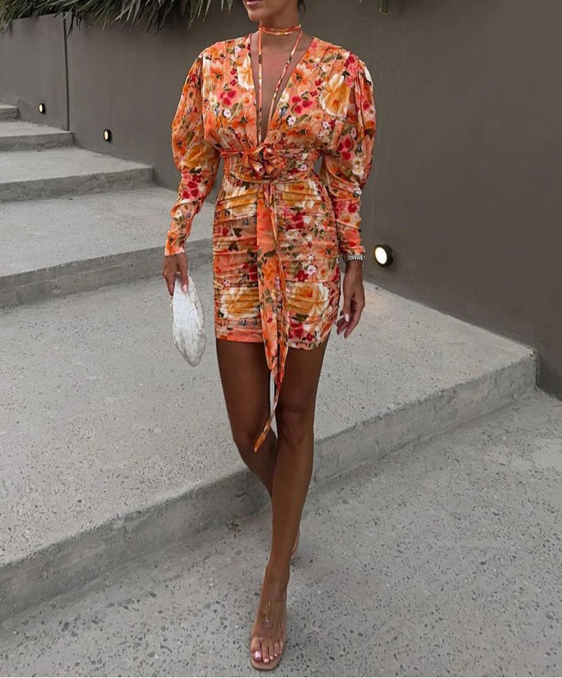 Long Sleeve Ruched Lace-up Floral Dress