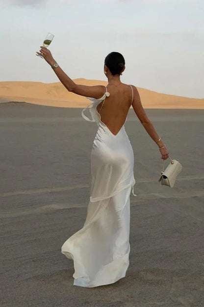 Elegant White Satin Backless Maxi Dress
