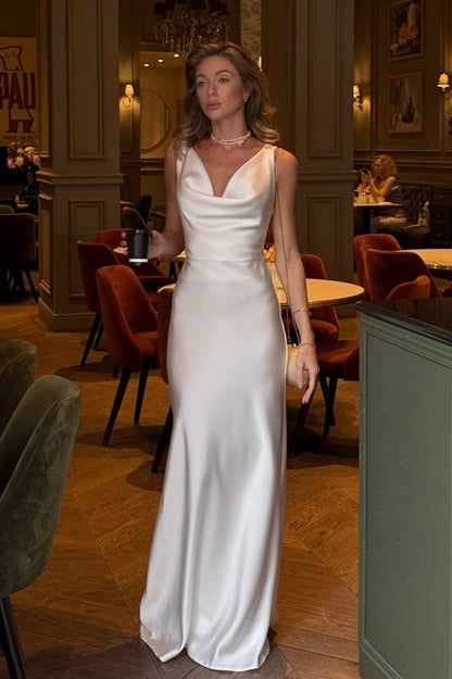 Chic Solid Draped Neck Luxury Satin Formal Dress