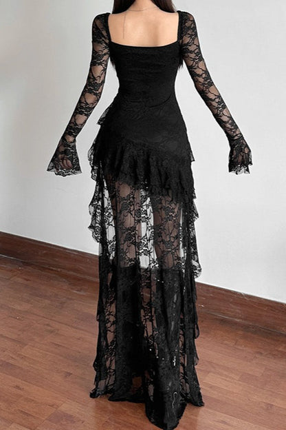 Long Sleeve Irregular Hem Lace Dress