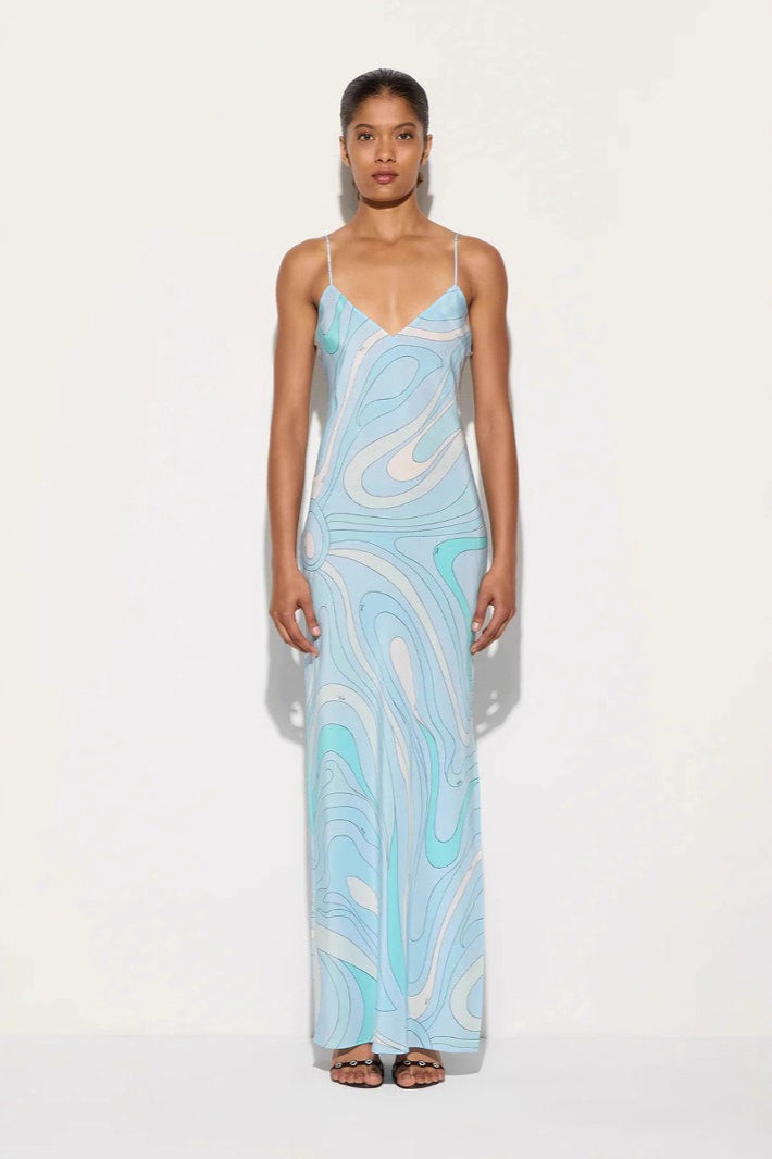 Sexy Printed Satin Cami Slit Silk Dress