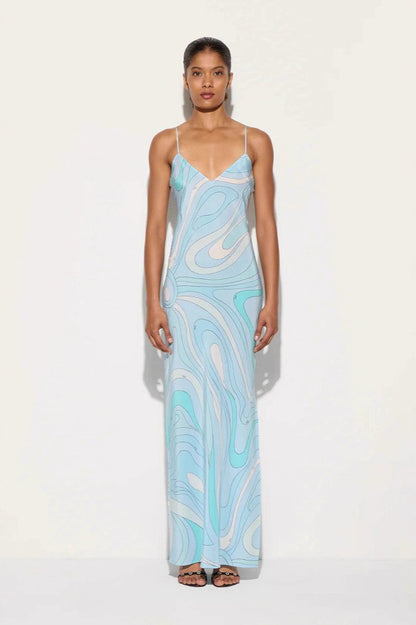 Sexy Printed Satin Cami Slit Silk Dress