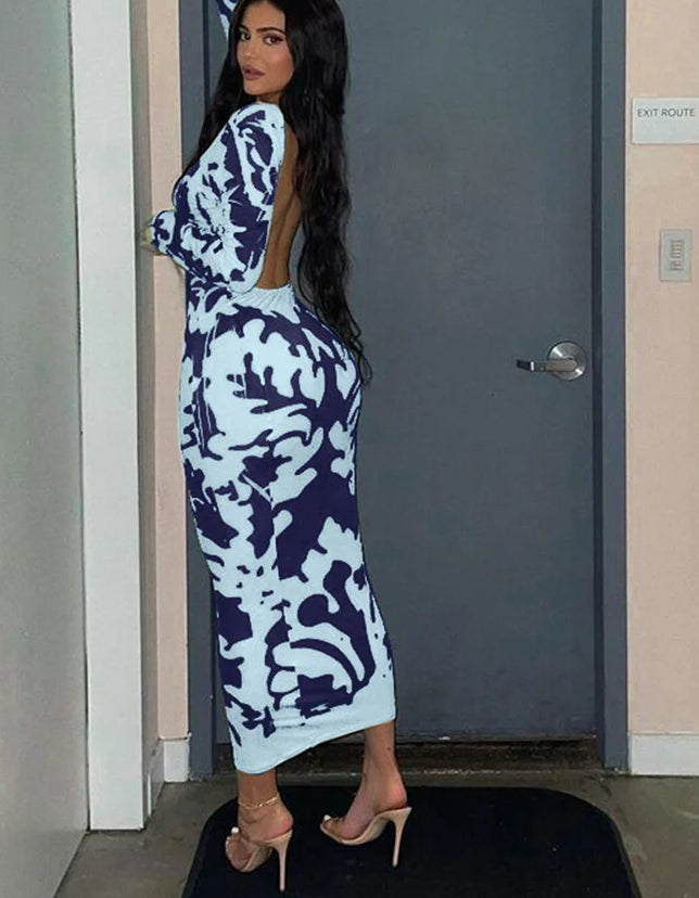 Tie Dye Hollow Long Sleeve Midi Dress