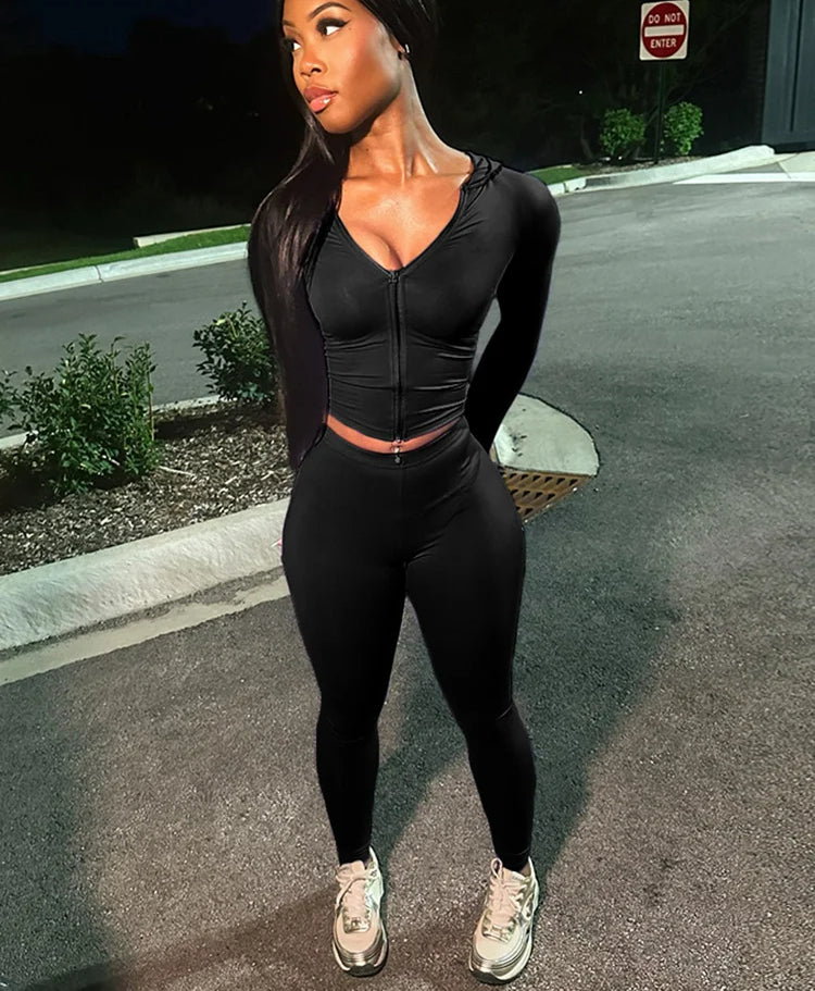 Sporty Zip Hooded Two Piece Pants Set