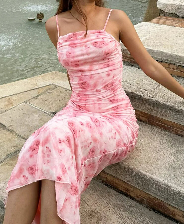 Ruched Spaghetti Strap Backless Floral Dress