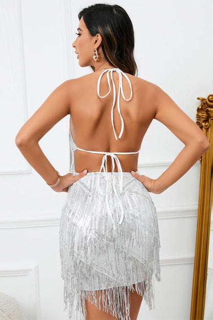 Solid Halter Tie V Neck Fringe Party Mini Sequin Dress
