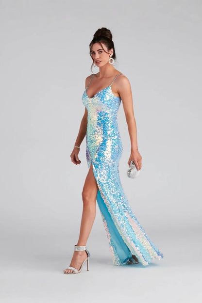 Beaded Split Spaghetti Strap Bridesmaid Evening Sequin Dress