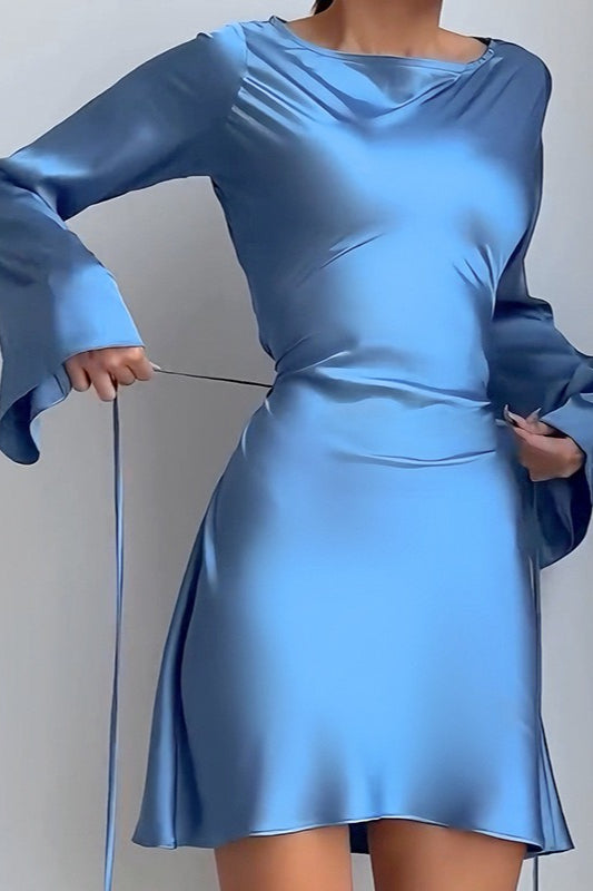 Satin Bodycon Belted Mini Silk Dress