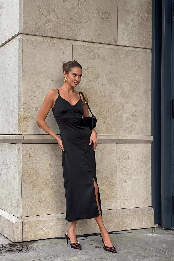 Sexy Solid Lace-Trim Cami Maxi Silk Dress