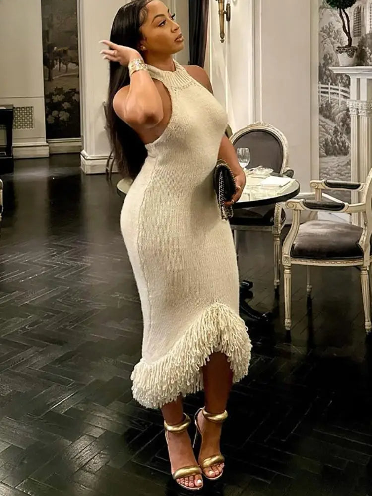 Tassel Hem Backless Knitted Party Dress