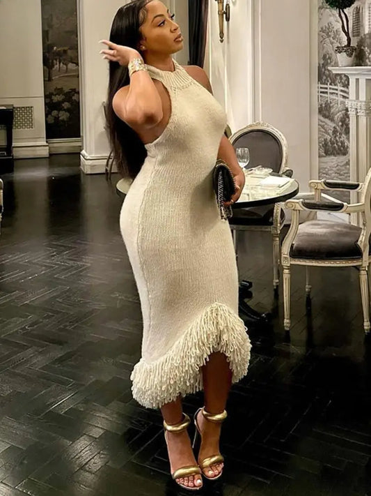 Tassel Hem Backless Knitted Party Dress