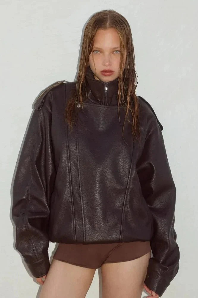 Stand Collar Zip Up Leather Jacket