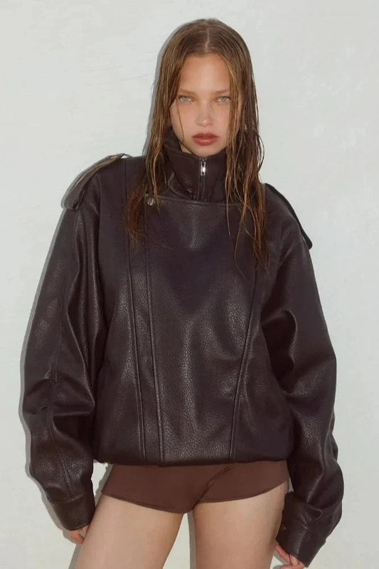 Stand Collar Zip Up Leather Jacket