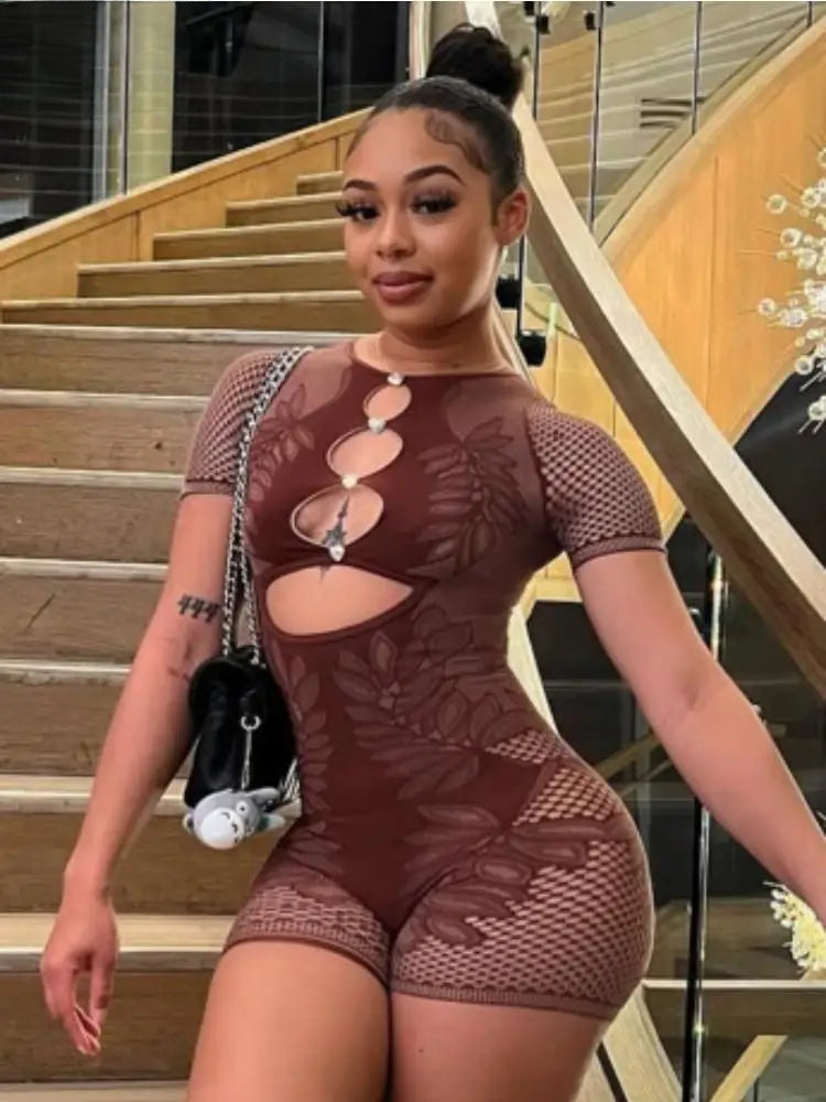 Print Hollow O-neck Short Sleeve Romper