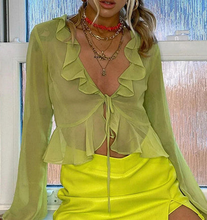 Bell Long Sleeve V Neck Lace Mesh Sheer Top