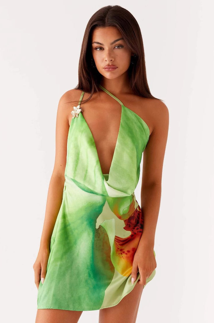 Satin Floral One-Shoulder Silk Dress