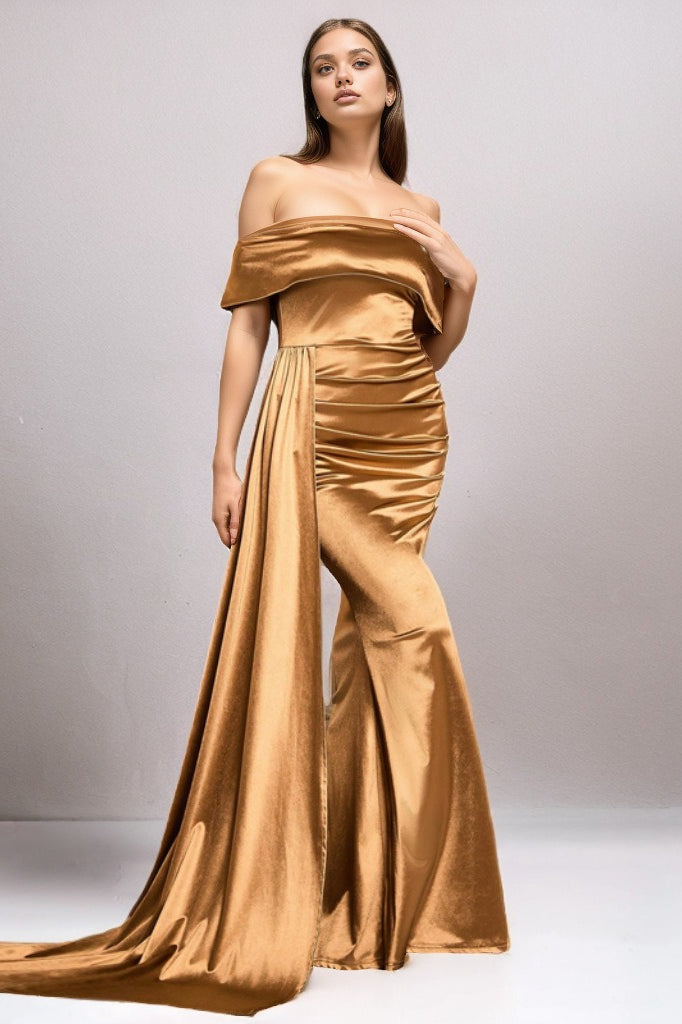 Solid Satin Off-Shoulder Strapless High Waist Formal Dress